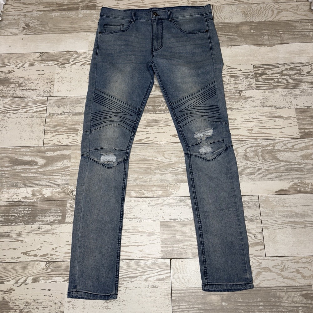 Kayden K Jeans Mens 32x30 Blue Skinny Moto Biker Distressed Stretch Denim